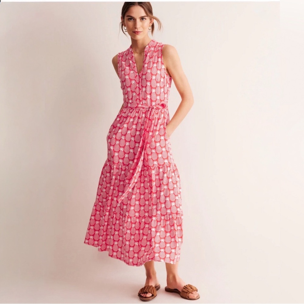 Boden Naomi Womens Notch Neck Maxi Dress Pink Pineapple Sleeveless 6P Vacation
